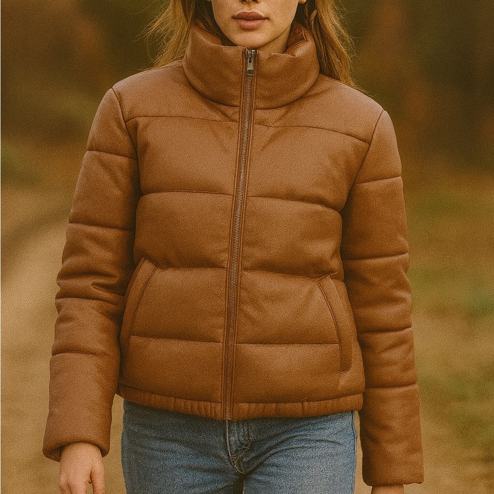 NWT S.E.B. By Sebby Tan Toffee Vegan Faux Leather Puffer Coat Size Medium